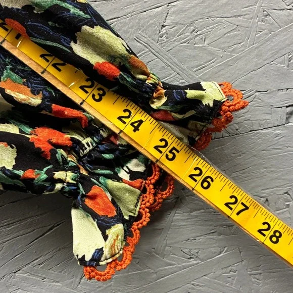 Hailey & Co Blouse Women's Large Black Orange Green Floral Ruffle V Neck Boho - Picture 9 of 11